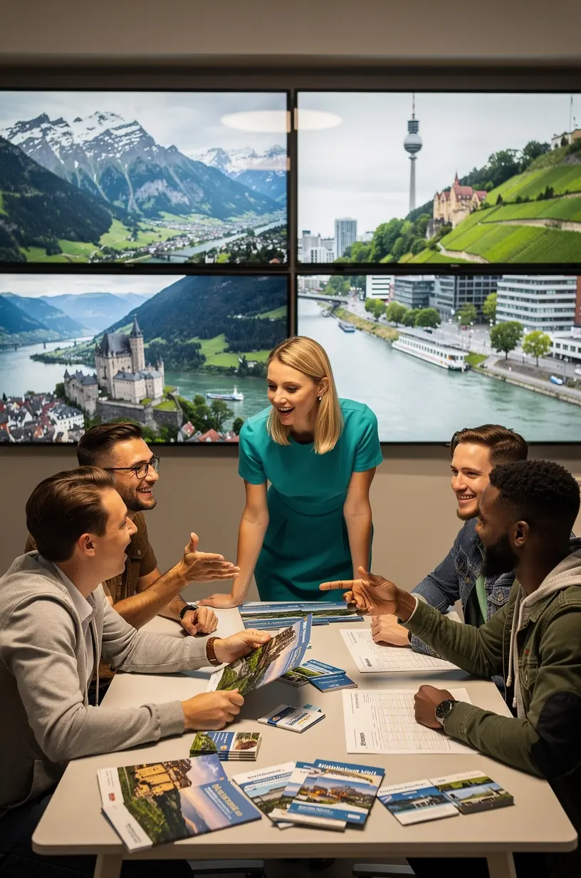 Beratungsgespräch in einem stilvollen Reisebüro, bei dem ein Experte individuelle Zugreisepläne und Kombitickets für Deutschland erklärt.