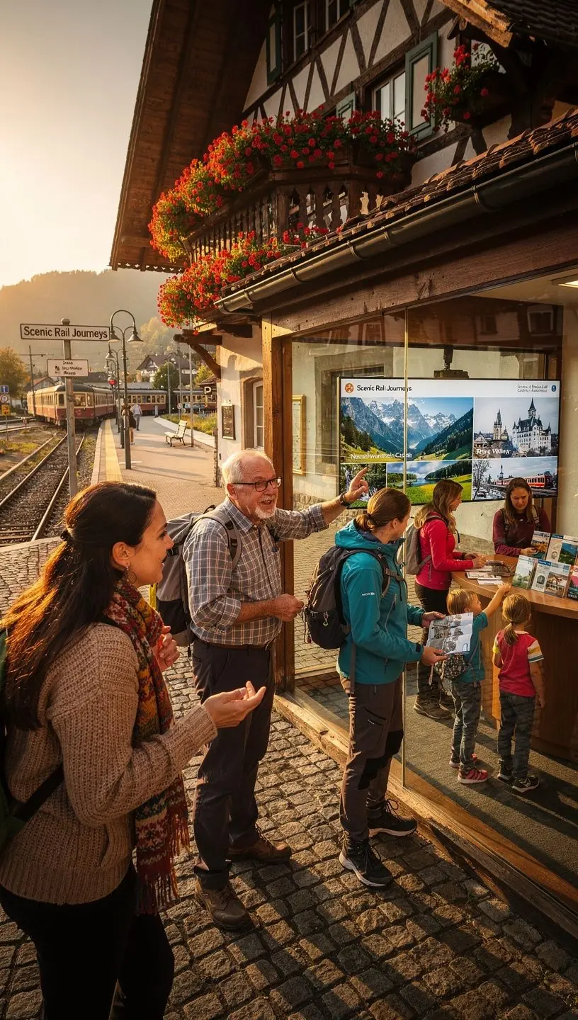 Illustration von verschiedenen Bahntickets und Fahrplänen, die praktische Informationen und Vorteile von gebündelten Zugpässen für touristische Reisen in Deutschland darstellen.